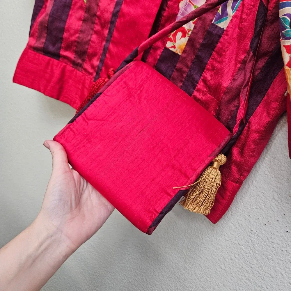 Leilani Bennett Kimono Jacket Set OS Red Silk Floral Patchwork Art Wear Artisan